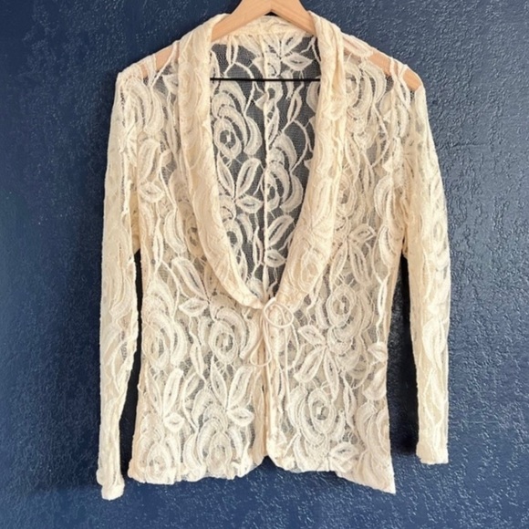 Beige Tie Front Lace Cardigan - Picture 1 of 3